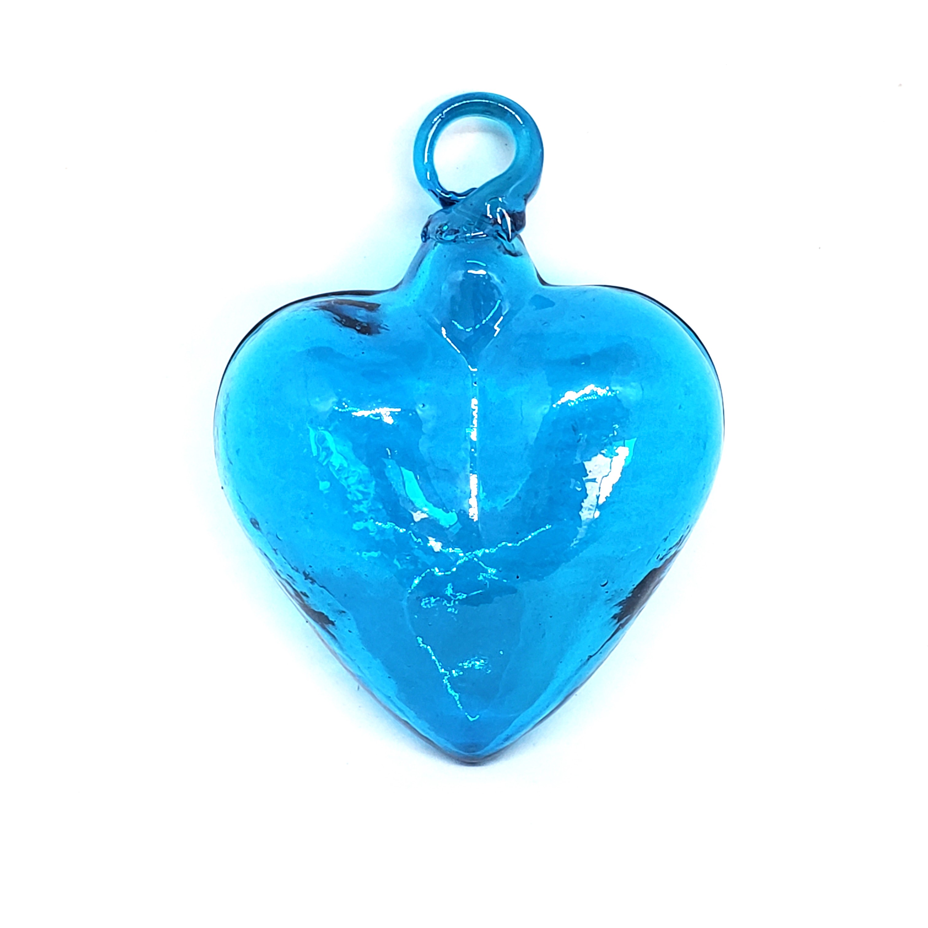 GLASS ORNAMENTS / Aqua Blue 3.5 inch Medium Hanging Glass Hearts (set of 6)